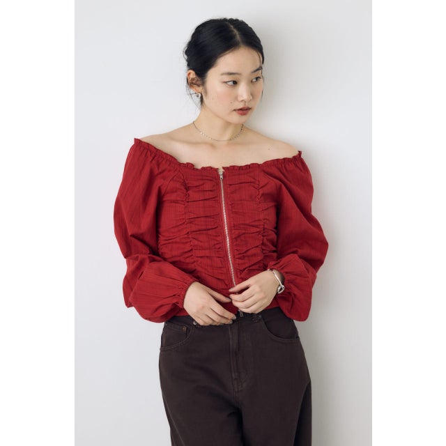 2WAYオフショルダブルジップドビーブラウス RED