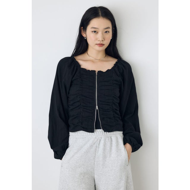 2WAYオフショルダブルジップドビーブラウス BLK