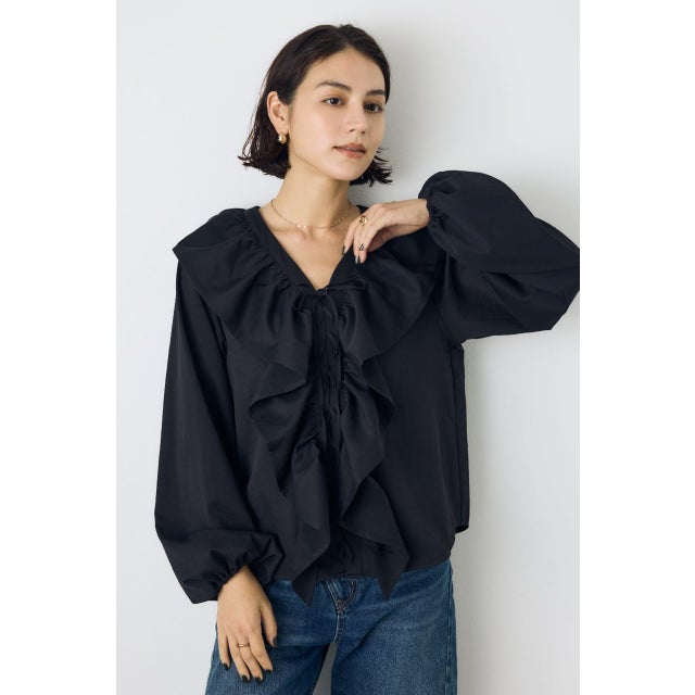 レースアップラッフルブラウス BLK