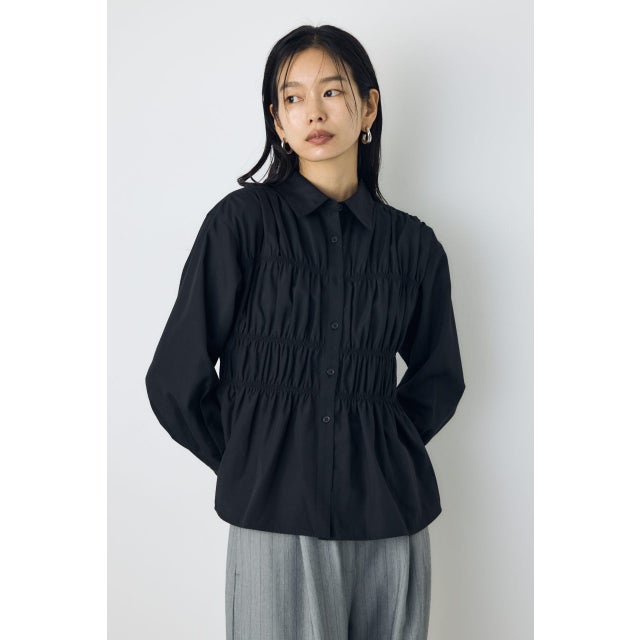 シャーリングデザイン長袖シャツ BLK