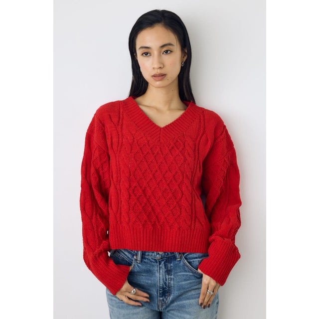 着丈バリエVネックニット RED