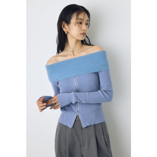 シャギーコンビジップオフショルニット BLU
