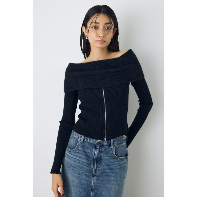 シャギーコンビジップオフショルニット BLK