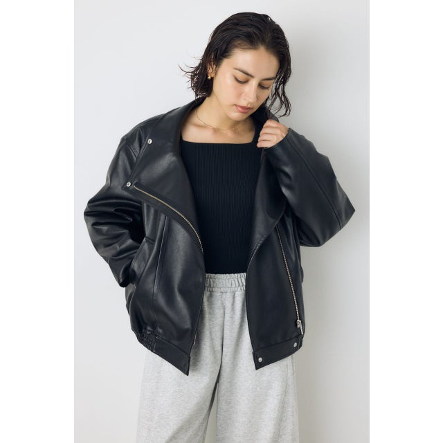 フェイクレザースタンド中綿キルティングブルゾン BLK
