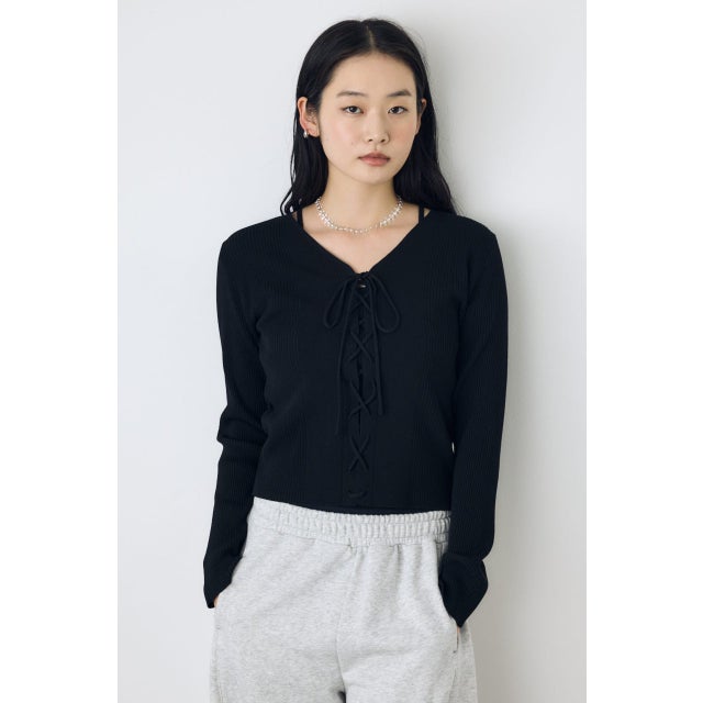 フェイクレイヤードレースアップニット BLK