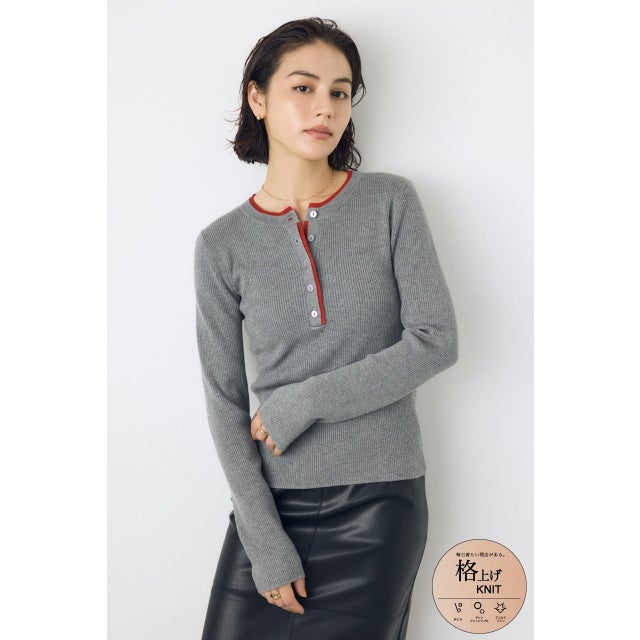 格上げ ヘンリーネックデザインニットトップス T.GRY