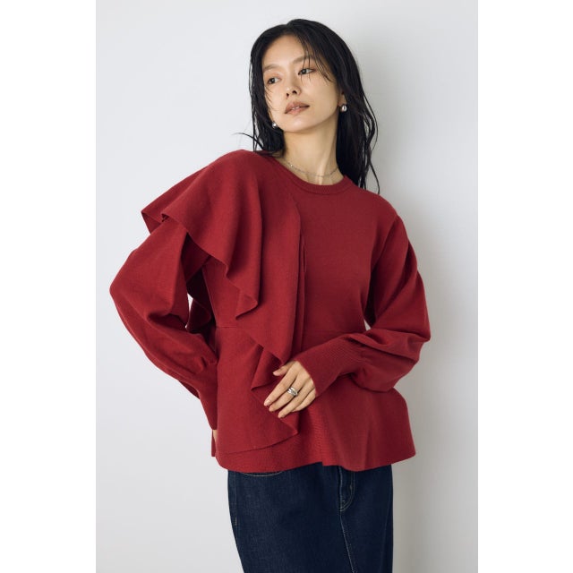 サイドラッフルペプラムニットトップス RED