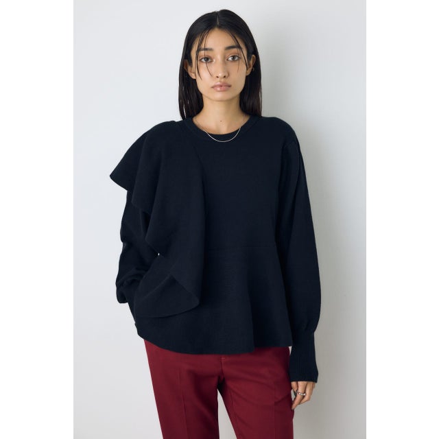 サイドラッフルペプラムニットトップス BLK