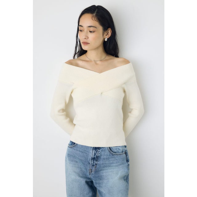 クロスデザイン長袖ニットトップス O/WHT1