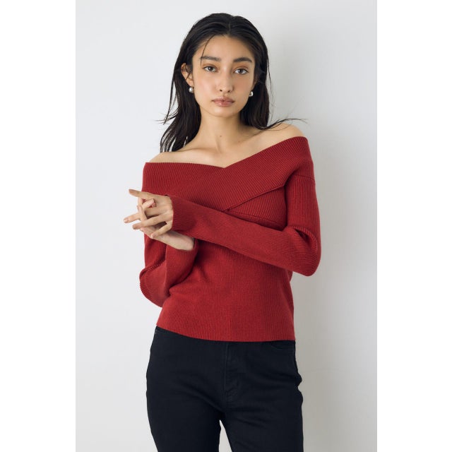 クロスデザイン長袖ニットトップス RED