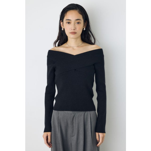 クロスデザイン長袖ニットトップス BLK