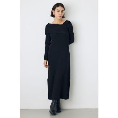 アシンメトリーネックリブニットワンピース BLK｜詳細画像
