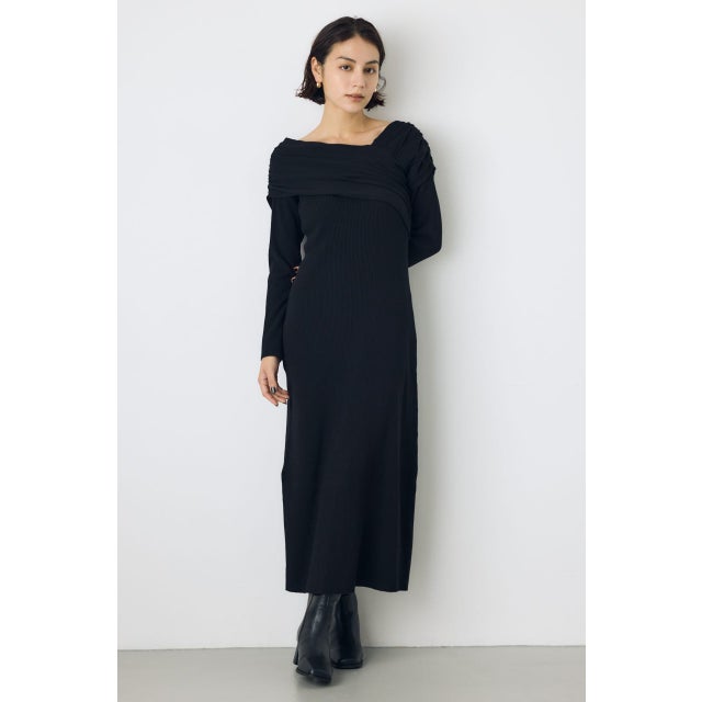 アシンメトリーネックリブニットワンピース BLK