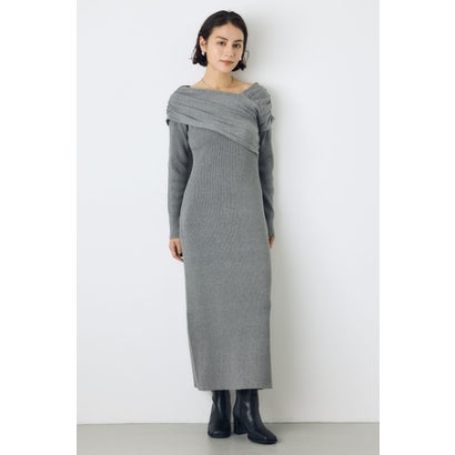 アシンメトリーネックリブニットワンピース T.GRY｜詳細画像