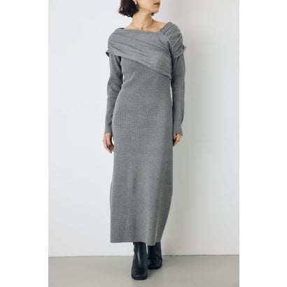 アシンメトリーネックリブニットワンピース T.GRY｜詳細画像