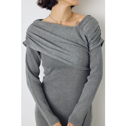 アシンメトリーネックリブニットワンピース T.GRY｜詳細画像