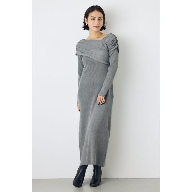 アシンメトリーネックリブニットワンピース T.GRY