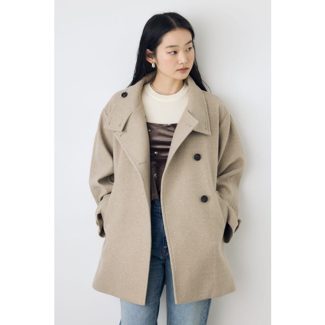 B-HEAT スタンドカラーミドルコート BEG