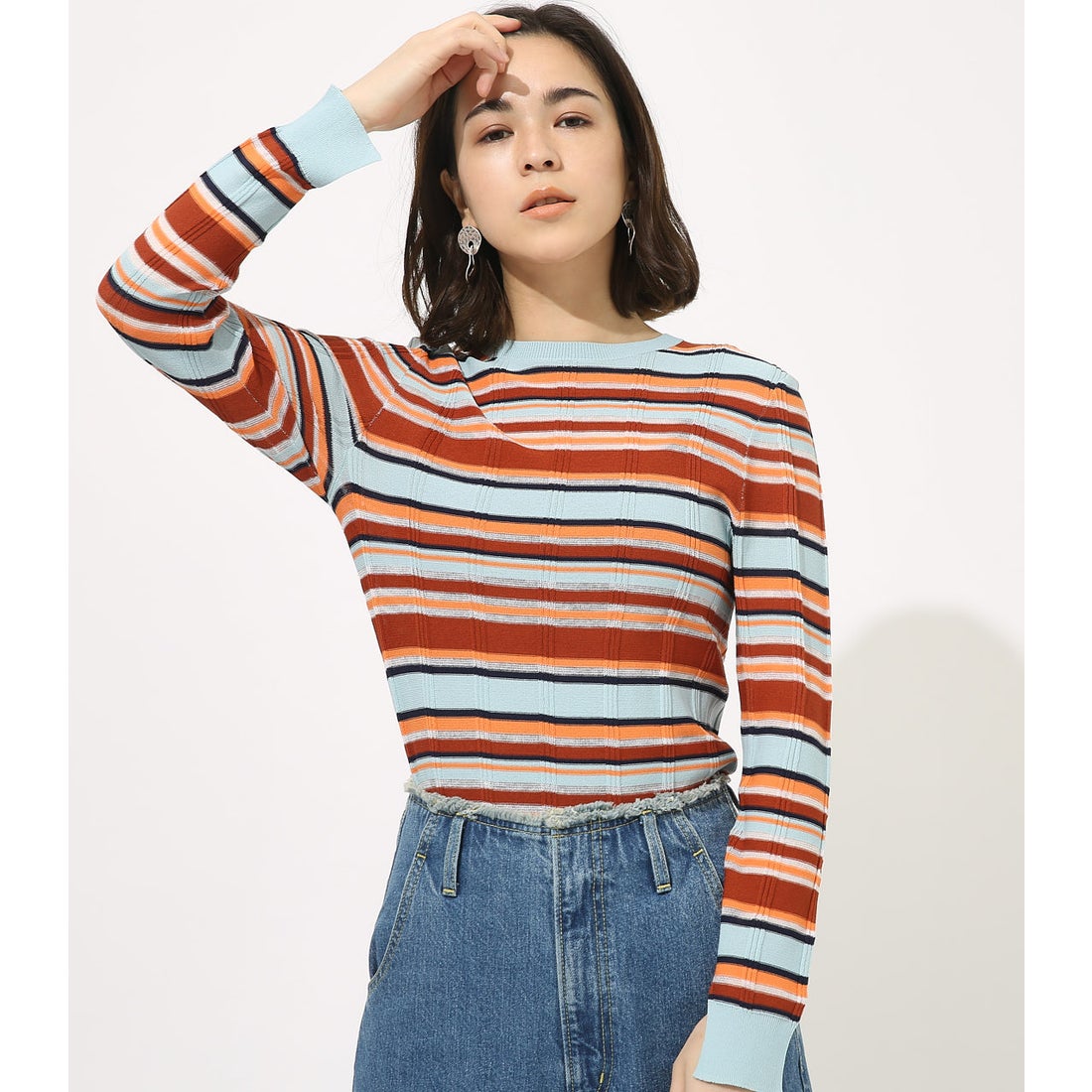 AZUL BY MOUSSY MULTI BORDER SHEER KNIT TOPS 柄SAX5 -ファッション