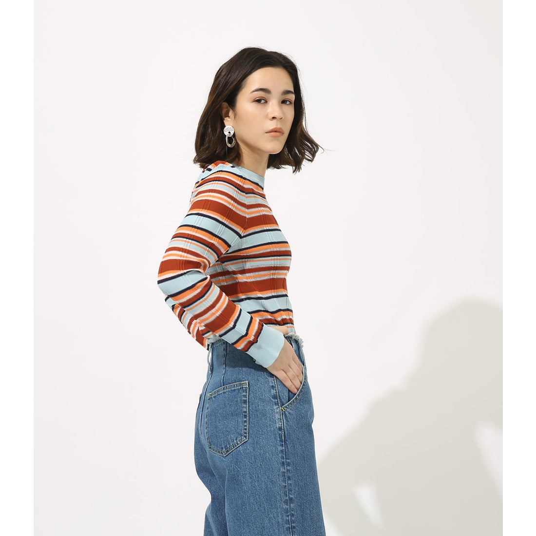 AZUL BY MOUSSY MULTI BORDER SHEER KNIT TOPS 柄SAX5 -ファッション