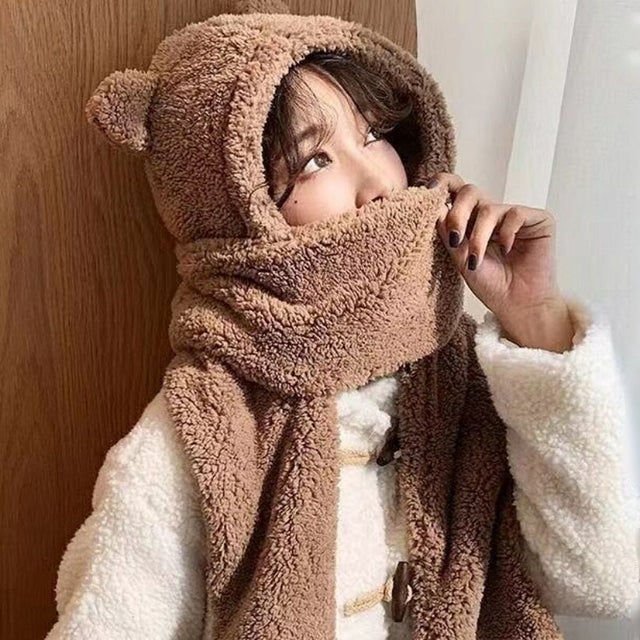 もこもこボア フードマフラー レディース 韓国ファッション フード マフラー もこもこ ボアフリース 帽子 マフラー かわいい 防寒 あったかい ポケット ストール 冬 秋冬 （ブラウン）