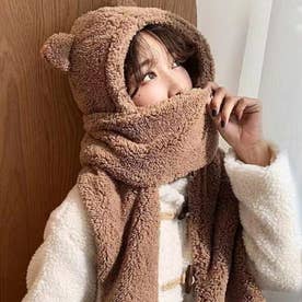 もこもこボア フードマフラー レディース 韓国ファッション フード マフラー もこもこ ボアフリース 帽子 マフラー かわいい 防寒 あったかい ポケット ストール 冬 秋冬 （ブラウン）