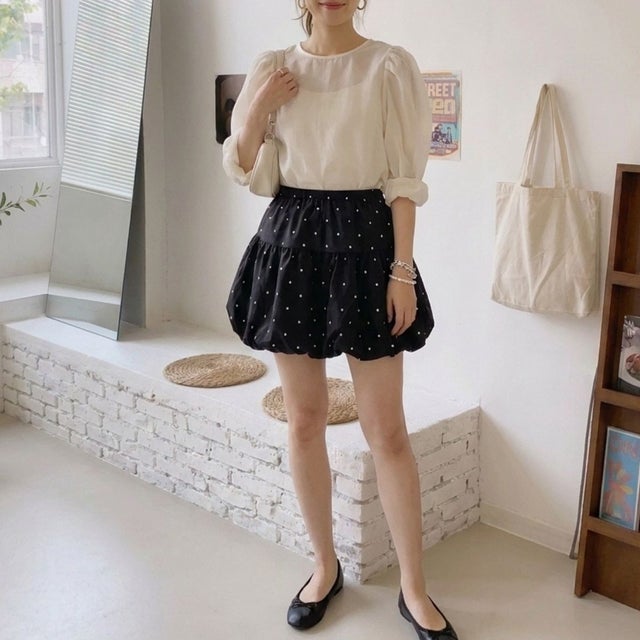 スカート バルーン ミニスカ スカパン ドット 柄 ウエストゴム レディース 韓国ファッション ガーリー フェミニン モノトーンコーデ トレンド （ブラック）