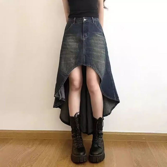 デニムスカート イレギュラーヘムスカート アシンメトリースカート 変形スカート デニムロングスカート ロングデニムスカート 切りっぱなしスカート （ネイビー）
