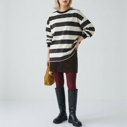 ベルシー Belle Cie ボーダーTシャツ レディーストップス ボーダートップス オーバーサイズトップス ボーダーカットソー 長袖Tシャツ ワイドボーダー スウェットトップス （グリーン）｜詳細画像
