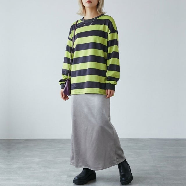 ボーダーTシャツ レディーストップス ボーダートップス オーバーサイズトップス ボーダーカットソー 長袖Tシャツ ワイドボーダー スウェットトップス （グリーン）