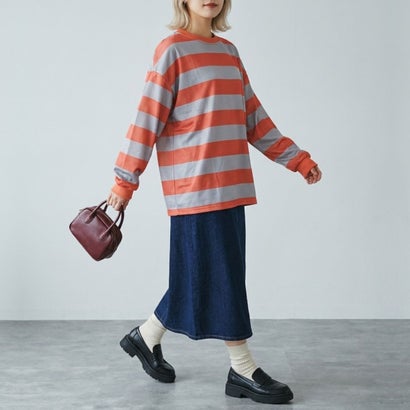 ベルシー Belle Cie ボーダーTシャツ レディーストップス ボーダートップス オーバーサイズトップス ボーダーカットソー 長袖Tシャツ ワイドボーダー スウェットトップス （レッド）｜詳細画像