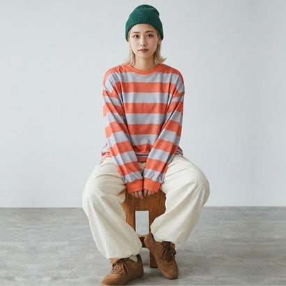 ベルシー Belle Cie ボーダーTシャツ レディーストップス ボーダートップス オーバーサイズトップス ボーダーカットソー 長袖Tシャツ ワイドボーダー スウェットトップス （レッド）｜詳細画像