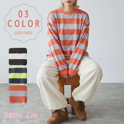 ベルシー Belle Cie ボーダーTシャツ レディーストップス ボーダートップス オーバーサイズトップス ボーダーカットソー 長袖Tシャツ ワイドボーダー スウェットトップス （レッド）｜詳細画像