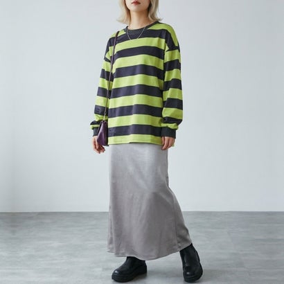 ベルシー Belle Cie ボーダーTシャツ レディーストップス ボーダートップス オーバーサイズトップス ボーダーカットソー 長袖Tシャツ ワイドボーダー スウェットトップス （レッド）｜詳細画像
