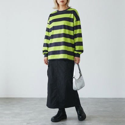 ベルシー Belle Cie ボーダーTシャツ レディーストップス ボーダートップス オーバーサイズトップス ボーダーカットソー 長袖Tシャツ ワイドボーダー スウェットトップス （レッド）｜詳細画像