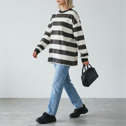 ベルシー Belle Cie ボーダーTシャツ レディーストップス ボーダートップス オーバーサイズトップス ボーダーカットソー 長袖Tシャツ ワイドボーダー スウェットトップス （レッド）｜詳細画像