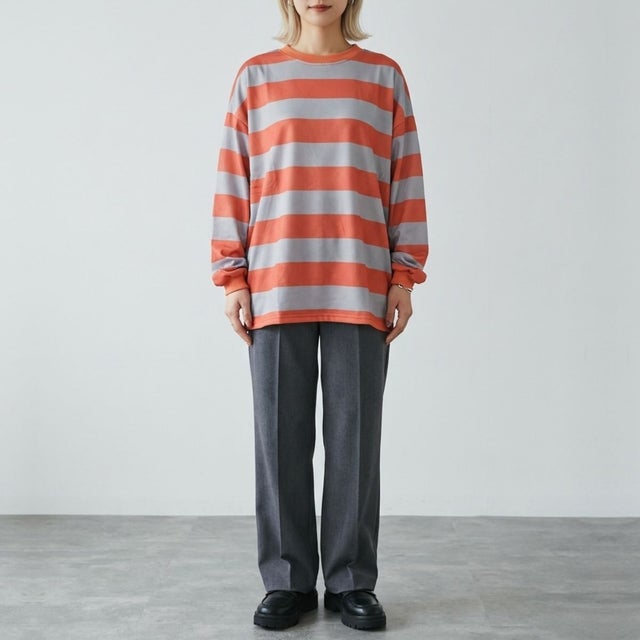 ボーダーTシャツ レディーストップス ボーダートップス オーバーサイズトップス ボーダーカットソー 長袖Tシャツ ワイドボーダー スウェットトップス （レッド）