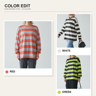 ベルシー Belle Cie ボーダーTシャツ レディーストップス ボーダートップス オーバーサイズトップス ボーダーカットソー 長袖Tシャツ ワイドボーダー スウェットトップス （ホワイト）｜詳細画像