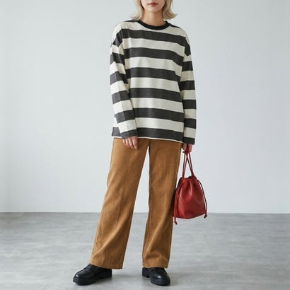 ベルシー Belle Cie ボーダーTシャツ レディーストップス ボーダートップス オーバーサイズトップス ボーダーカットソー 長袖Tシャツ ワイドボーダー スウェットトップス （ホワイト）｜詳細画像