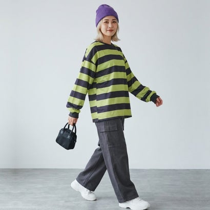 ベルシー Belle Cie ボーダーTシャツ レディーストップス ボーダートップス オーバーサイズトップス ボーダーカットソー 長袖Tシャツ ワイドボーダー スウェットトップス （ホワイト）｜詳細画像