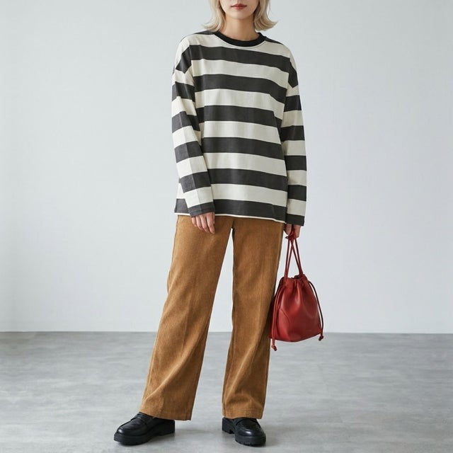 ボーダーTシャツ レディーストップス ボーダートップス オーバーサイズトップス ボーダーカットソー 長袖Tシャツ ワイドボーダー スウェットトップス （ホワイト）