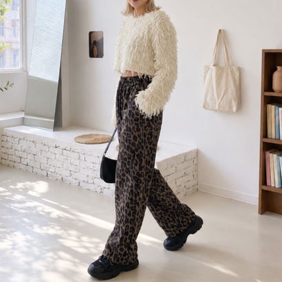 ワイドパンツ レディースパンツ レオパードパンツ ヒョウ柄パンツ 裏起毛パンツ イージーパンツ ジャガードパンツ 総柄パンツ ドローストリングパンツ （グレー）｜詳細画像