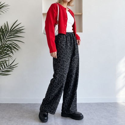 ワイドパンツ レディースパンツ レオパードパンツ ヒョウ柄パンツ 裏起毛パンツ イージーパンツ ジャガードパンツ 総柄パンツ ドローストリングパンツ （グレー）｜詳細画像