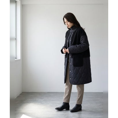 ベルシー Belle Cie キルティングコート レディース ロングコート ボアコート ノーカラーコート 中綿コート キルトコート 切り替え アウター 秋冬 防寒 ゆったり （アイボリー）｜詳細画像
