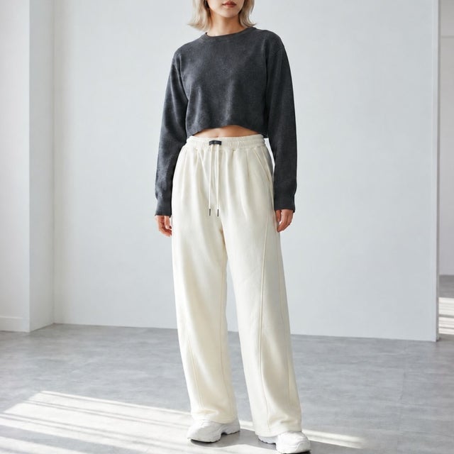 スウェットパンツ レディースパンツ ワイドパンツ 裏起毛パンツ イージーパンツ 裏シャギーパンツ ドローストリングパンツ 防寒パンツ 冬パンツ 秋冬 （アイボリー）