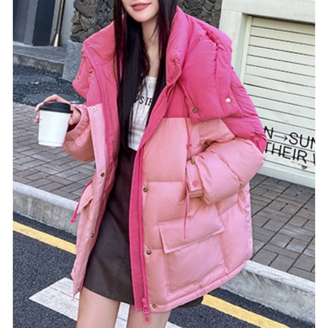 中綿ジャケット レディースアウター 防寒ジャケット 中綿コート ショートコート パファージャケット オーバーサイズジャケット フリーサイズ 三色展開 （ピンク）
