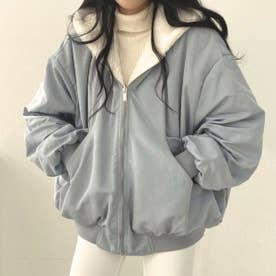 ジャケット ブルゾン 羽織り アウター ボア レディース 韓国ファッション 2WAY 裏ボア リバーシブル あたたかい シンプル 防寒 フーディ （ブルー）