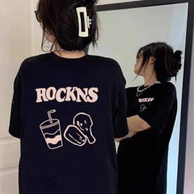 Tシャツ 半袖 プリントT ユニーク フード ストリート ロゴ レディース 韓国ファッション フード シンプル かわいい 大きいサイズ 夏 白 黒 （ブラック）