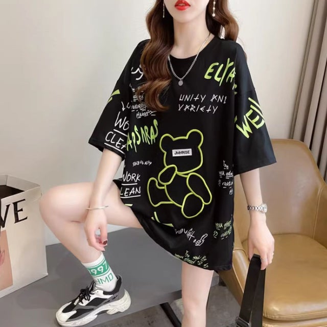 
                    Tシャツ 半袖 半端袖 くま ロゴ ドロップショルダー ユニーク レディース 韓国ファッション 総柄 かわいい 夏 白 黒 ゆったり ガーリー 動物 （ブラック）