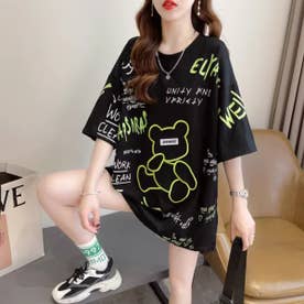 Tシャツ 半袖 半端袖 くま ロゴ ドロップショルダー ユニーク レディース 韓国ファッション 総柄 かわいい 夏 白 黒 ゆったり ガーリー 動物 （ブラック）